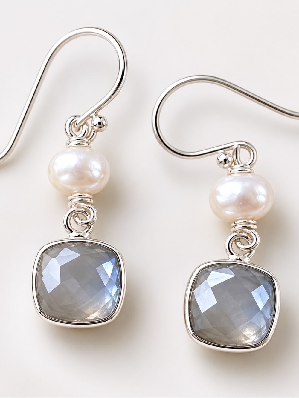 Sterling Silver Pearl and Gray Moonstone Drop Earrings